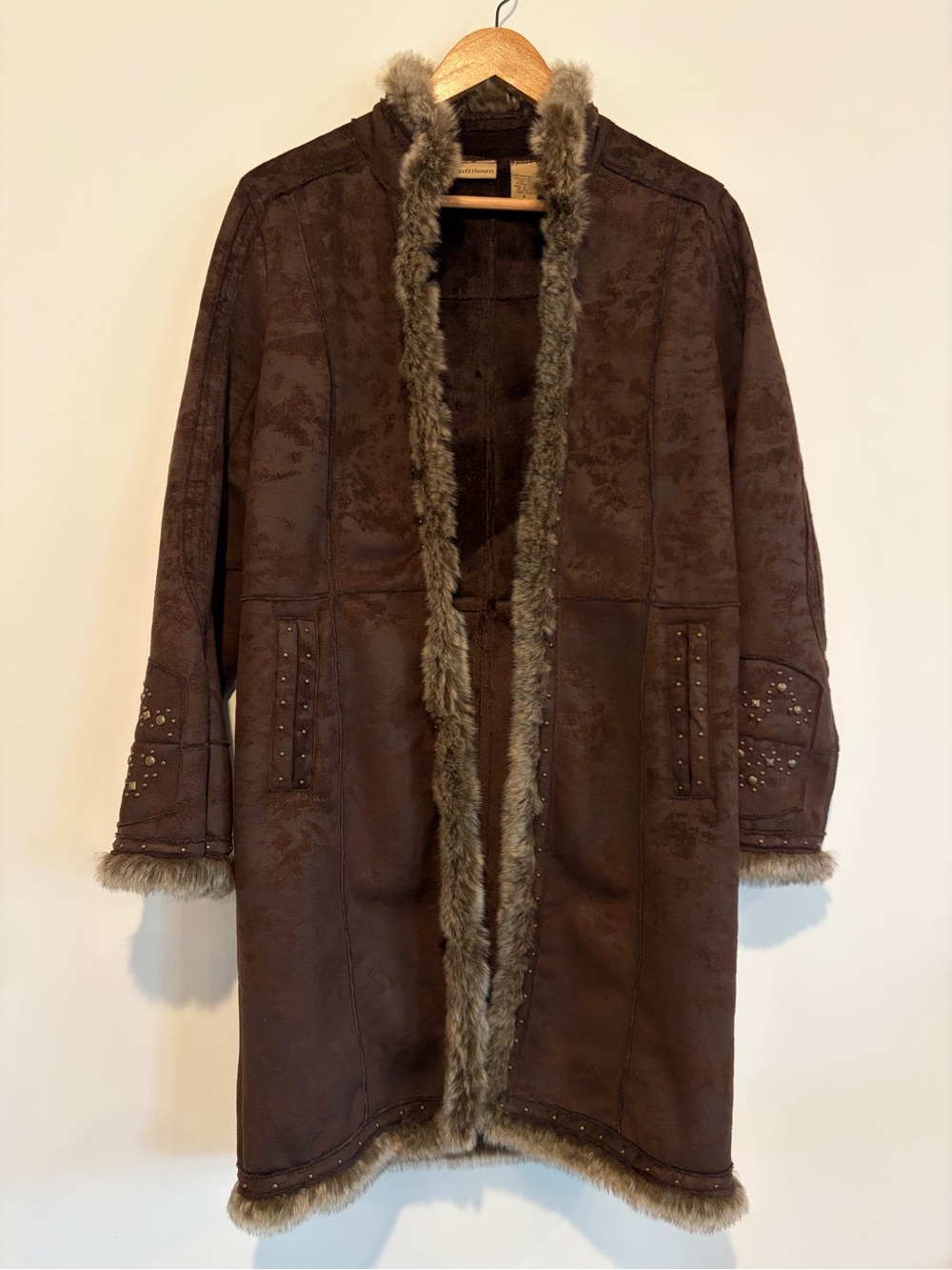 Ruff Hewn Size S Brown Faux Suede Shearling Fur Trim Studded Embroidered Coat